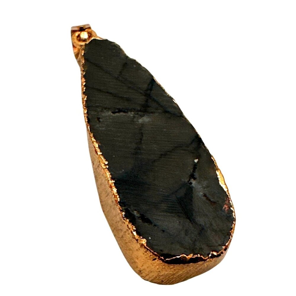 Natural Black Druzy Gemstone Pendant 10k Gold Trim Earthy - Picture 2 of 7
